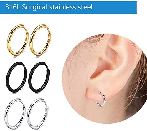 ORiTi 316L Surgical Stainless Steel Stud Earrings Set for Women Mens Small Hoop Earrings Hypoallergenic Tunnel Punk Style Round Ear Piercing Jewelry(Black Silver)