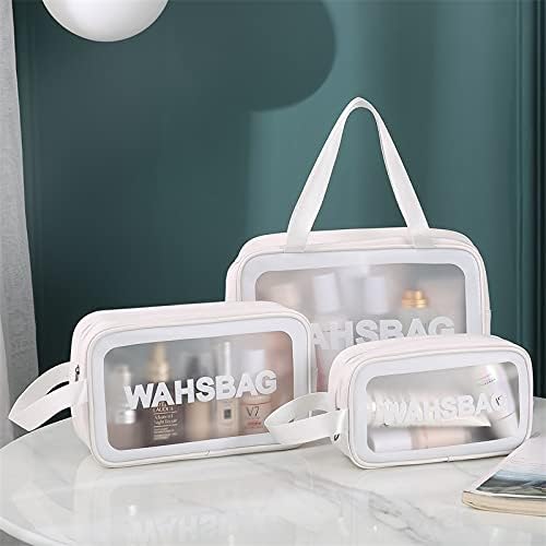 3Pcs Cosmetic Bag Vinyl Air Travel Toiletry Bags Bulk, Water Resistant PVC Packing Cubes with Zipper Closure & Carry Handle for Women Baby Men, Make-up brush Case Beach Pool Spa Gym Bag (Pink)