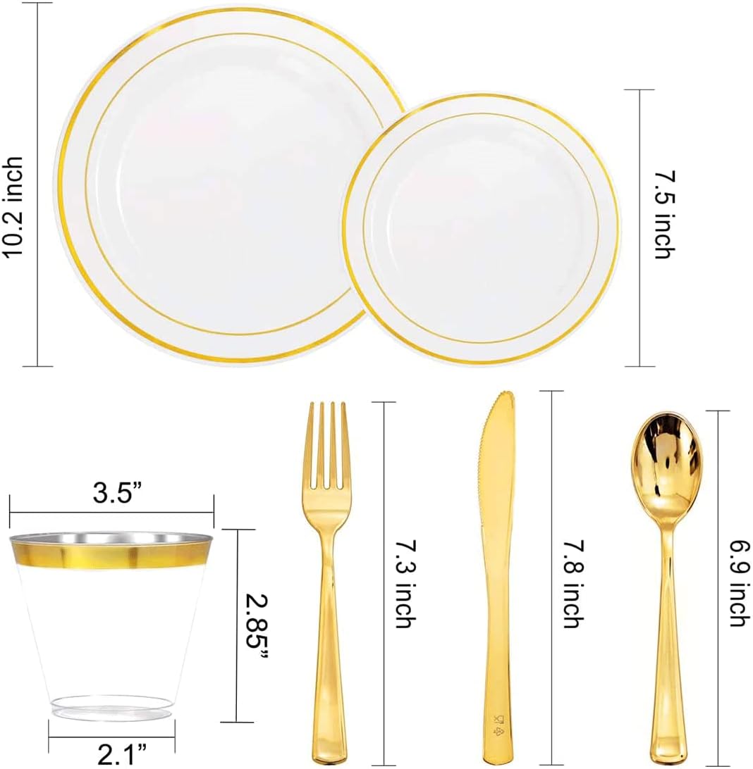 ادوات مائدة بلاستيكية للاستعمال مرة واحدة للحفلات، طقم 150 قطعة بلون ذهبي وردي مكون من طبق وملعقة وكوب، ادوات تناول الطعام - تكفي 25 ضيف، من بيونتي