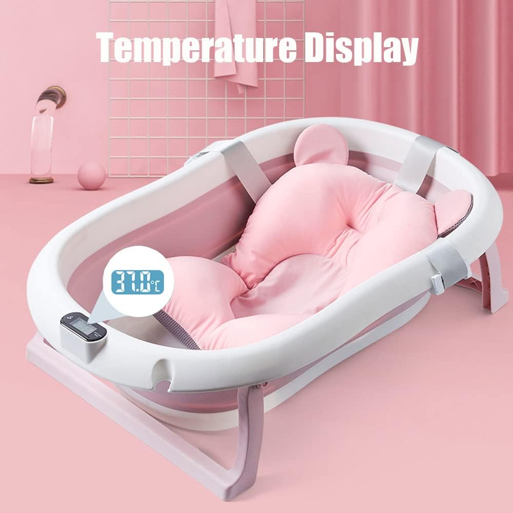 DMG Baby Folding Bathtub, Foldable Baby Bathtub with Temperature Sensing,Portable Safe Shower Basin with Support Pad for Newborn/Infant/Toddler,Sitting Lying Large Safe Bathtub (Blue)