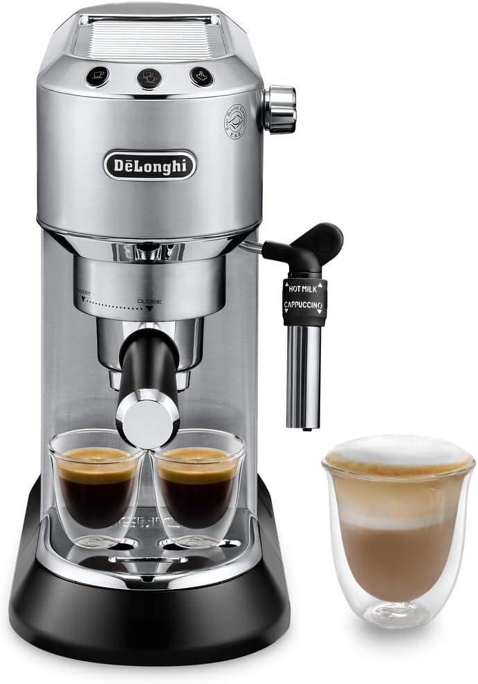 Roll over image to zoom in Delonghi Dedica Coffee Machine, Barista Pump Espresso and Cappuccino Maker, Ground Coffee and ESE Pods can be used, Milk Frother for Latte Macchiato and more, EC685.M, Metallic,