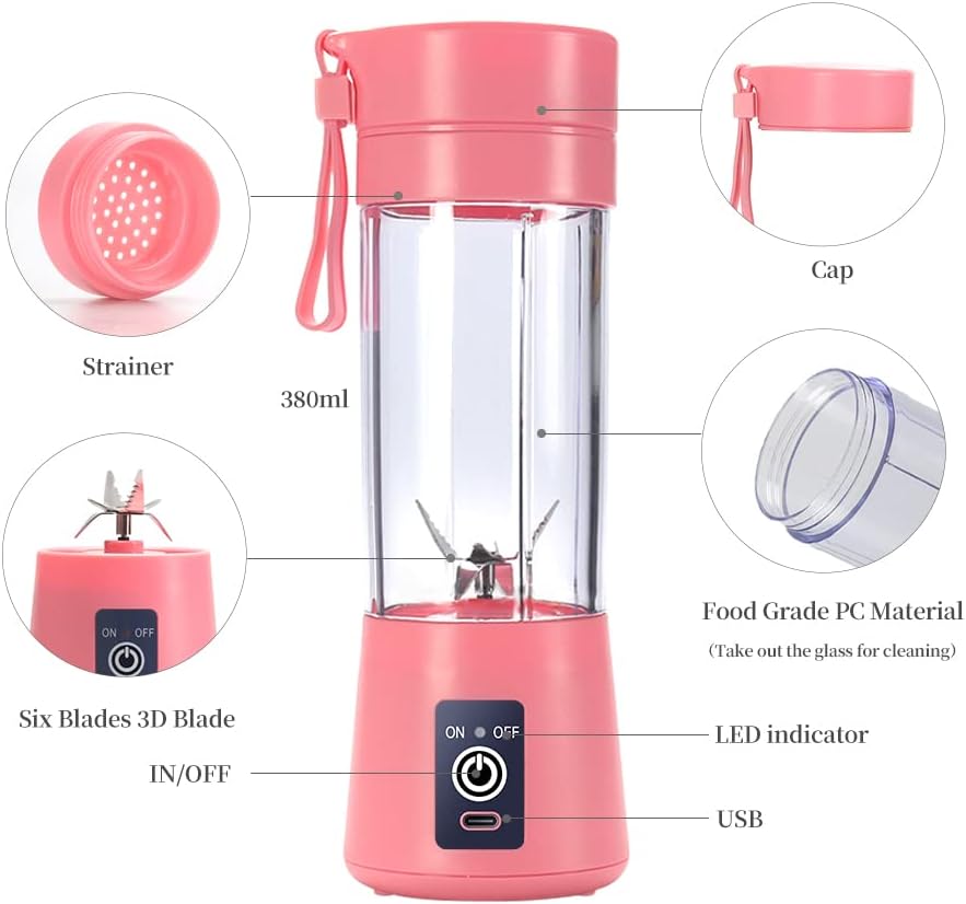 Portable Blender Cup,Electric USB Juicer Blender,Mini Blender Portable Blender For Shakes and Smoothies, Juice,380ml, Six Blades Great for Mixing,Light purple