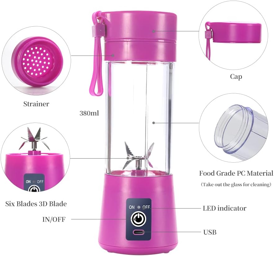 Portable Blender Cup,Electric USB Juicer Blender,Mini Blender Portable Blender For Shakes and Smoothies, Juice,380ml, Six Blades Great for Mixing,Light purple