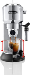 Roll over image to zoom in Delonghi Dedica Coffee Machine, Barista Pump Espresso and Cappuccino Maker, Ground Coffee and ESE Pods can be used, Milk Frother for Latte Macchiato and more, EC685.M, Metallic,