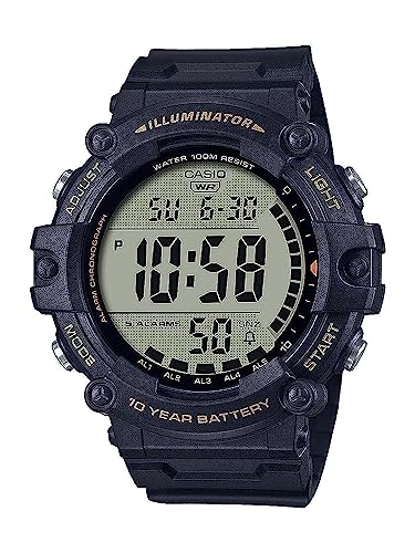 Casio Illuminator Long Strap 10-Year Battery 100 M Water Resistant 5-Alarm w/Countdown Timer Men's Digital Watch, AE-1500WHX-1AVCF, Black, Sport