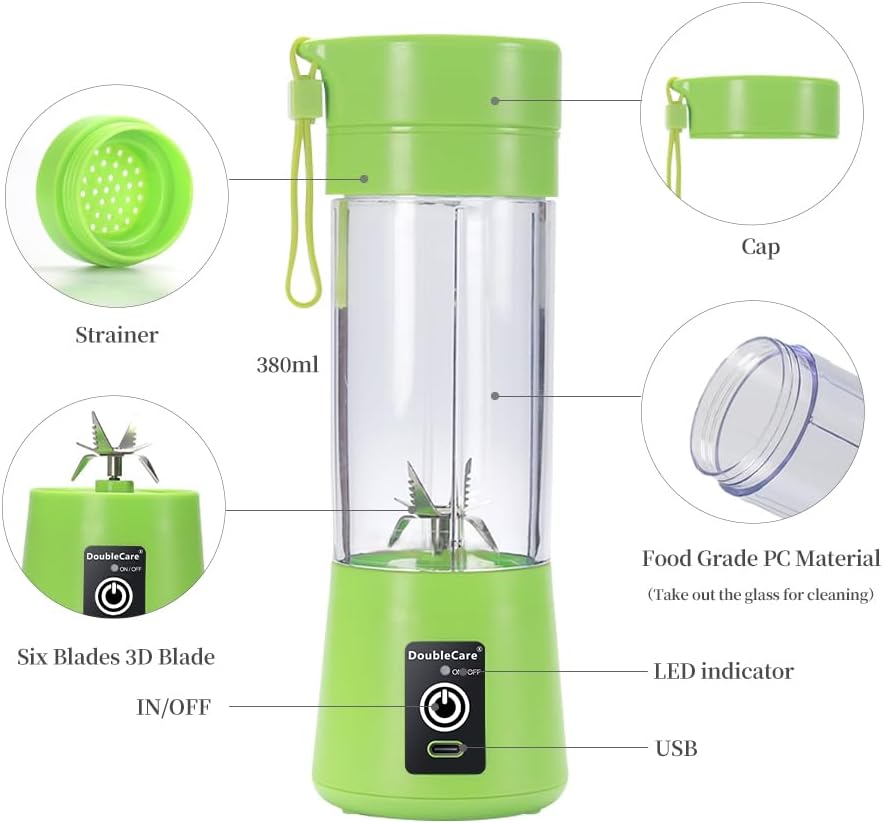 Portable Blender Cup,Electric USB Juicer Blender,Mini Blender Portable Blender For Shakes and Smoothies, Juice,380ml, Six Blades Great for Mixing,Light purple