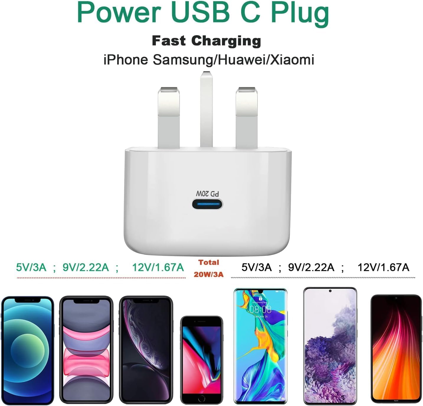 روك بو شاحن USB C، قابس حائط سريع 20 واط، 2 منفذ بي دي & كيو سي 3.0 قابس شاحن سريع مع كابل 1 متر متوافق مع موبايل 14/14 برو 13/13 برو 12/12 برو/12 برو ماكس/11/XS/XR، باد، الخ