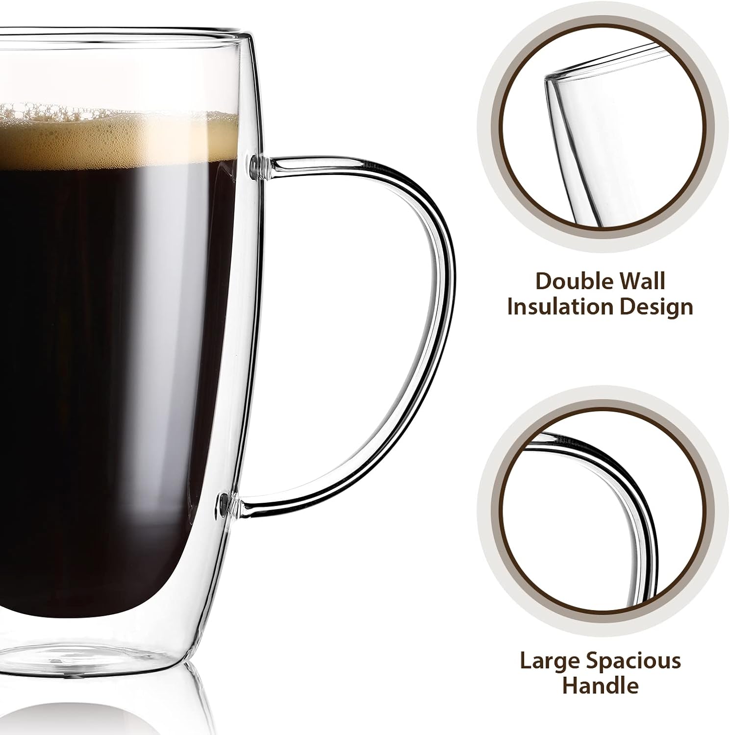 12 Oz Double Walled Glass Coffee Mugs with Handle Set of 2,Insulated Layer Coffee Cups,Clear Borosilicate Glass Mugs,Christmas Gift for Cappuccino,Tea,Latte,Espresso,Hot Beverage,Wine