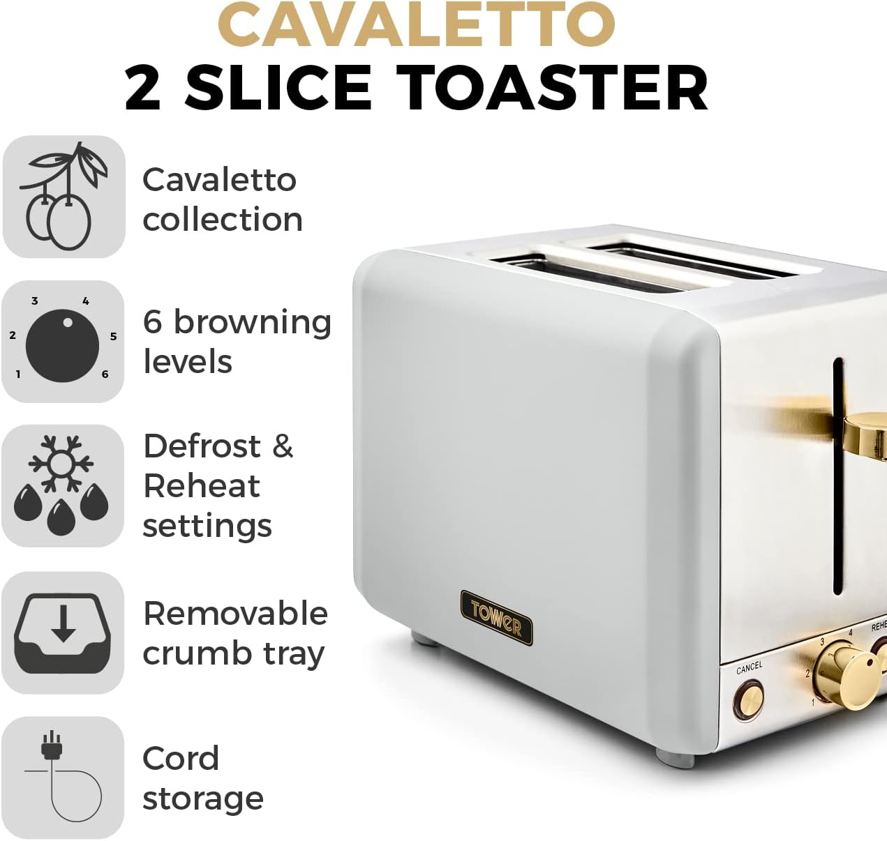 Tower T20036PNK Cavaletto 2-Slice Toaster with Defrost/Reheat, Stainless Steel, 850 W, Marshmallow Pink and Rose Gold