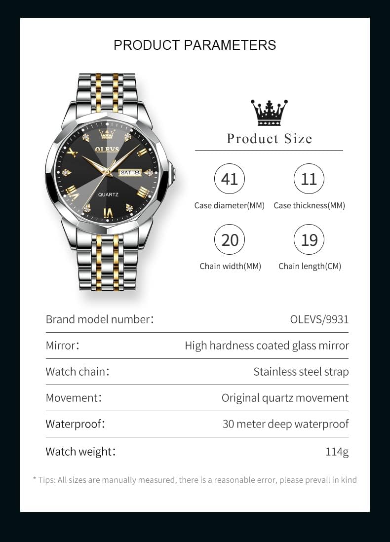 OLEVS Watch for Men Waterproof Blue Dial Mens Dress Watches Luxury Two Tone Stainless Steel Wrist Watch with Day Date, Fashion Classic Classic Sports Quartz Watch Big Face…