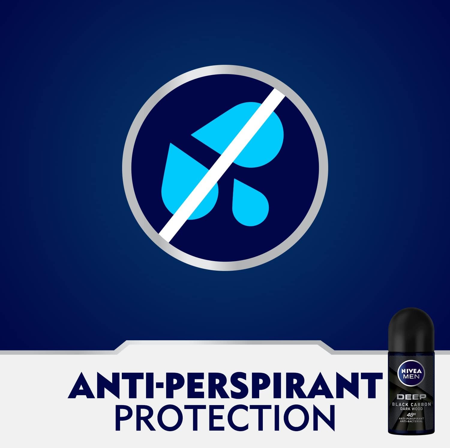 NIVEA MEN Antiperspirant Roll-on for Men, 48h Protection, DEEP Black Carbon Antibacterial, Woody Scent, 50ml