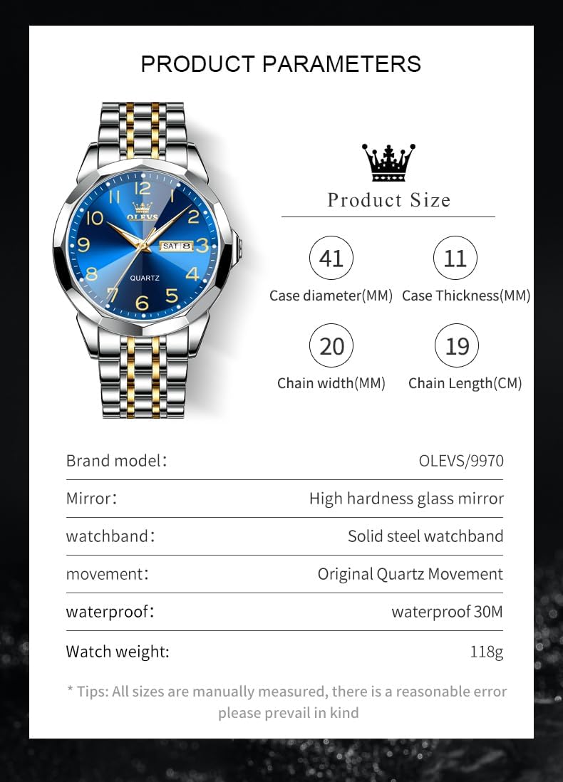 OLEVS Watch for Men Waterproof Blue Dial Mens Dress Watches Luxury Two Tone Stainless Steel Wrist Watch with Day Date, Fashion Classic Classic Sports Quartz Watch Big Face…