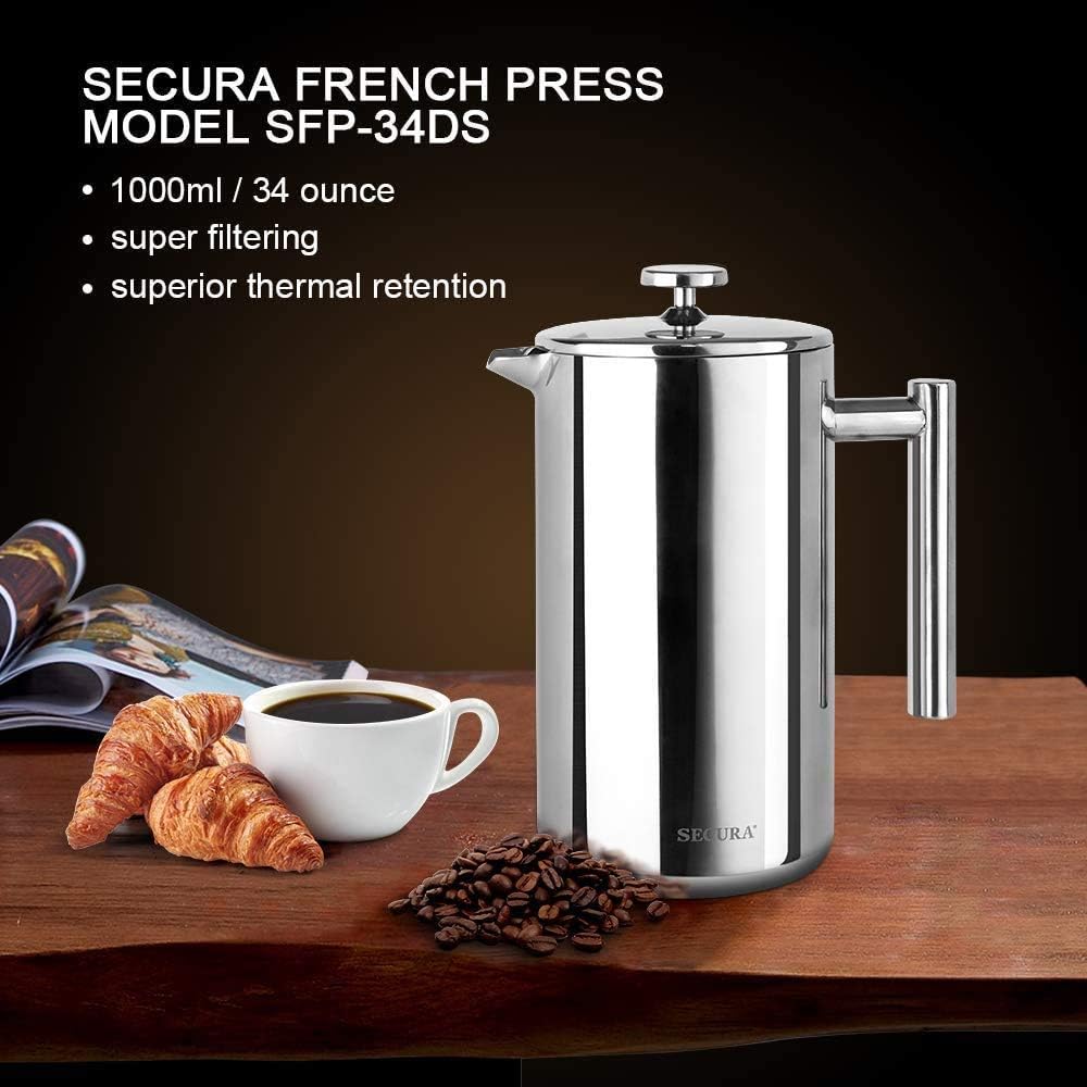 Secura French Press Coffee Maker, 304 Grade Stainless Steel Insulated Coffee Press with 2 Extra Screens, 17oz (0.5 Litre), Silver