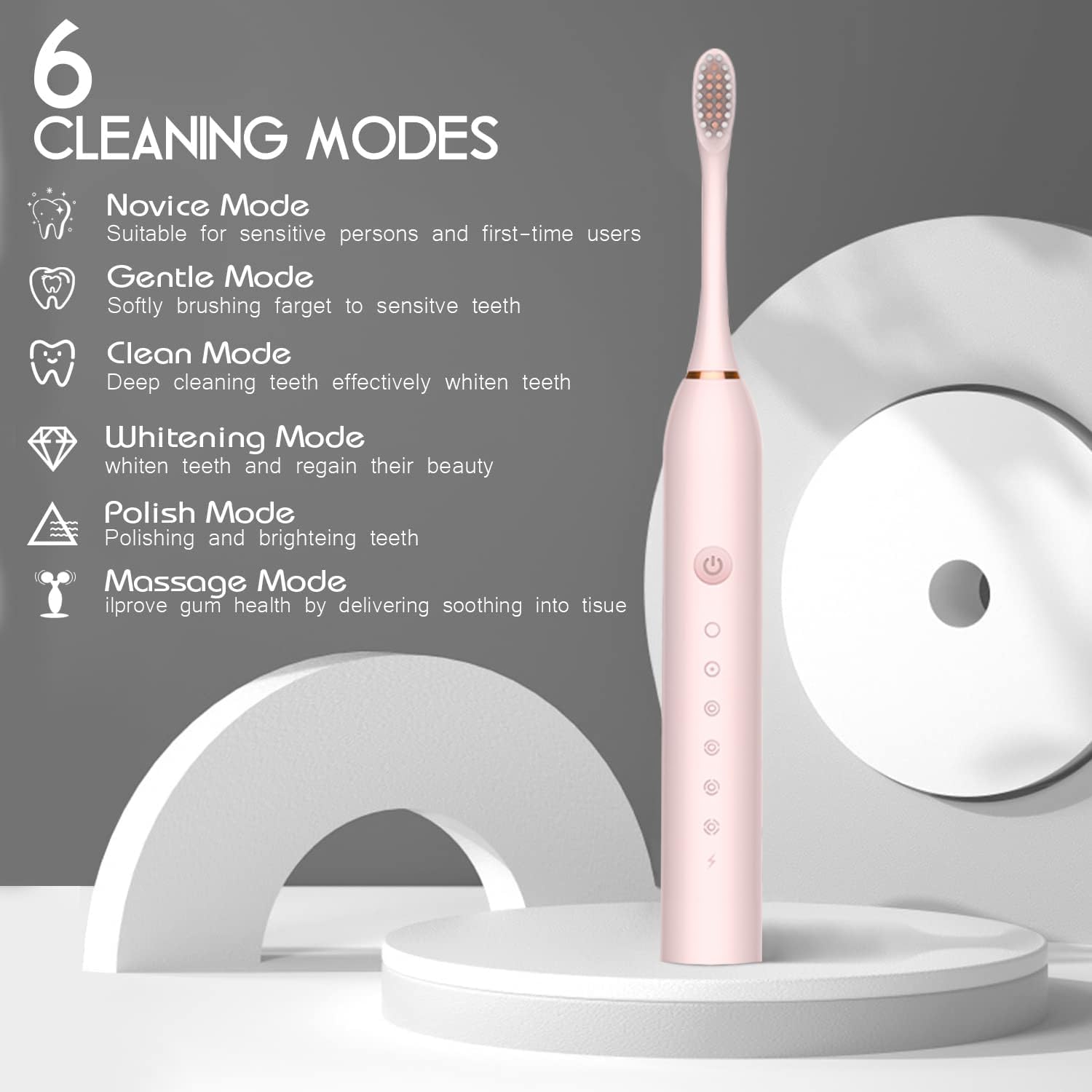 Sonic Electric Toothbrushes, Necomi USB Rechargeable Ultrasonic Tooth Brush with 4 Brush Heads 6 Cleaning Modes and Smart Timer IPX7 Waterproof Cleaning Toothbrushes for Adults and Kids（Black）