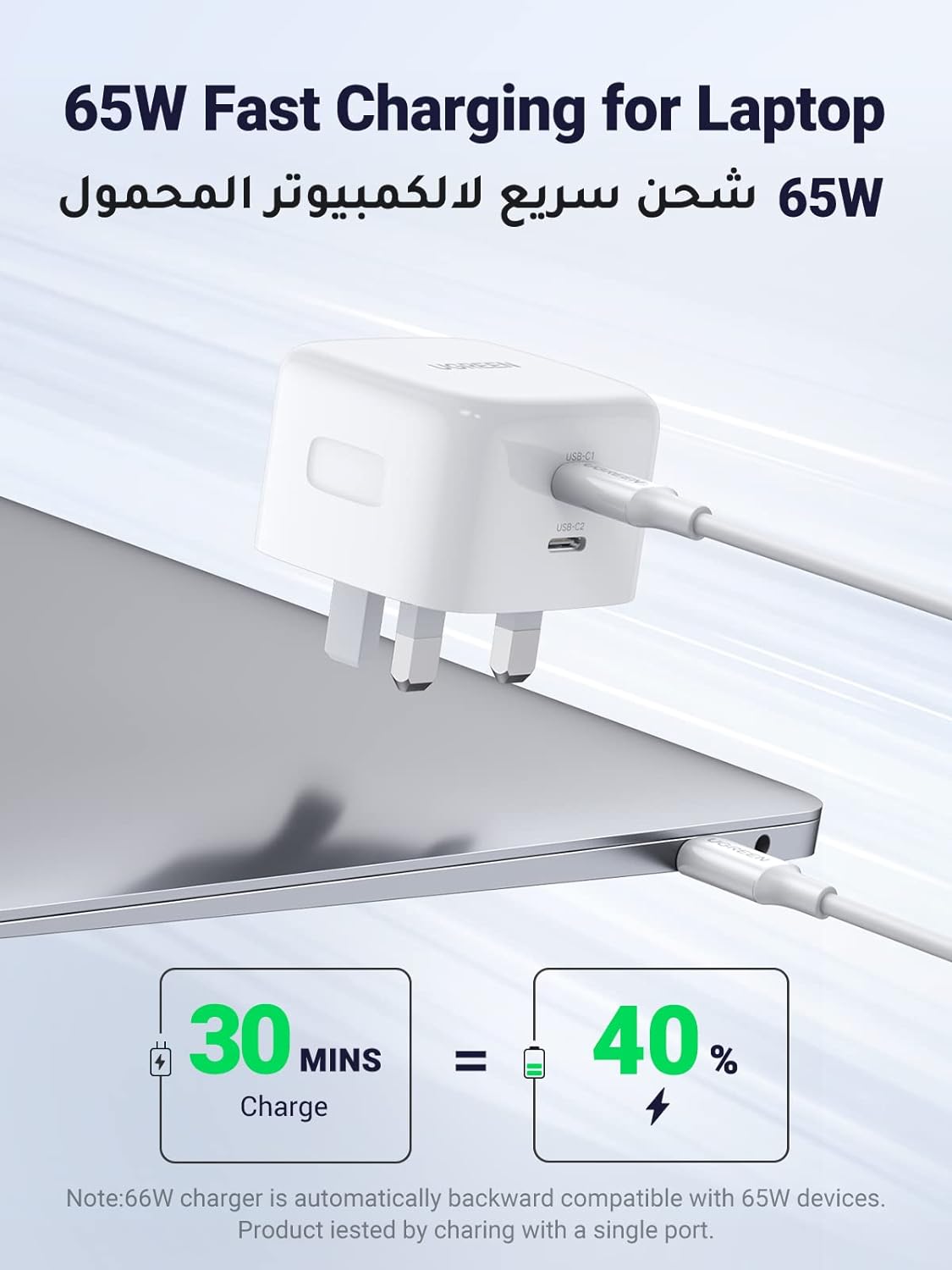 UGREEN 65W USB C PD Charger, GaN Charger Dual Type C Wall Charger Plug, USB Power Adapter Compatible with Macbook, iPhone, iPad, XPS, Matebook, Lenovo, Steam Deck, HP, Asus, Acer, and More Laptops