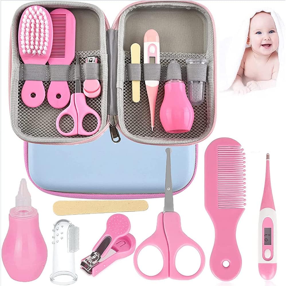 LinJie Baby Grooming Kit, 8 in 1 Baby Hair Brush/Nail Clipper/Nose Cleaner/Finger Toothbrush/Nail Scissors/Manicure Kit for Baby Body Care Grooming Set (Yellow)