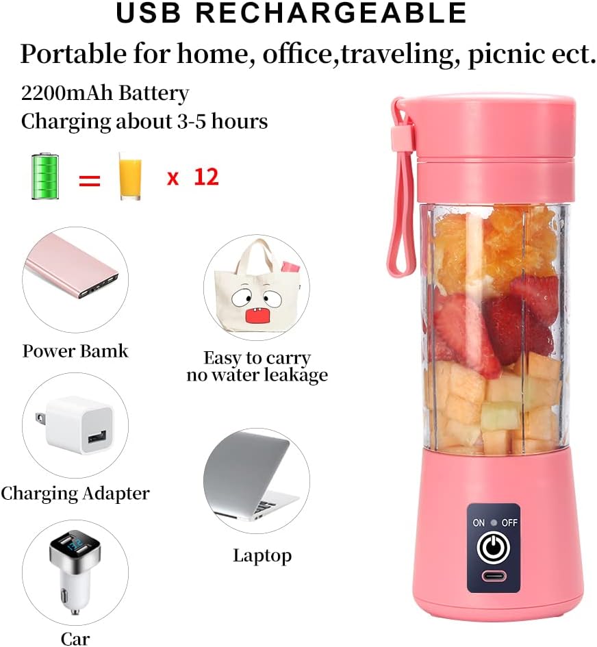 Portable Blender Cup,Electric USB Juicer Blender,Mini Blender Portable Blender For Shakes and Smoothies, Juice,380ml, Six Blades Great for Mixing,Light purple