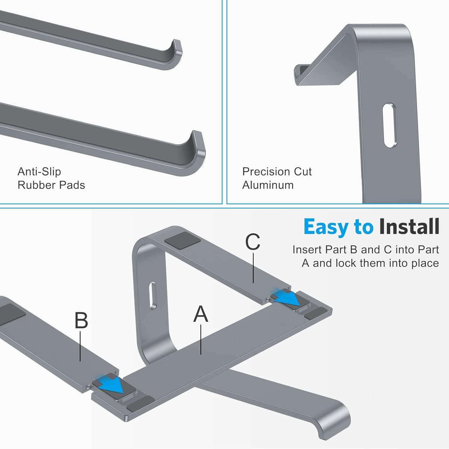 OMOTON Laptop Stand for Desk, Detachable Laptop Riser, Aluminum Laptop Holder, Compatible with MacBook Air/Pro, Dell, HP, and All Laptops (11-16 inch), Silver