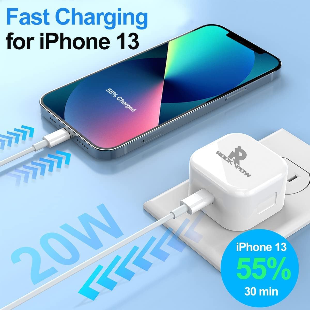 روك بو شاحن USB C، قابس حائط سريع 20 واط، 2 منفذ بي دي & كيو سي 3.0 قابس شاحن سريع مع كابل 1 متر متوافق مع موبايل 14/14 برو 13/13 برو 12/12 برو/12 برو ماكس/11/XS/XR، باد، الخ