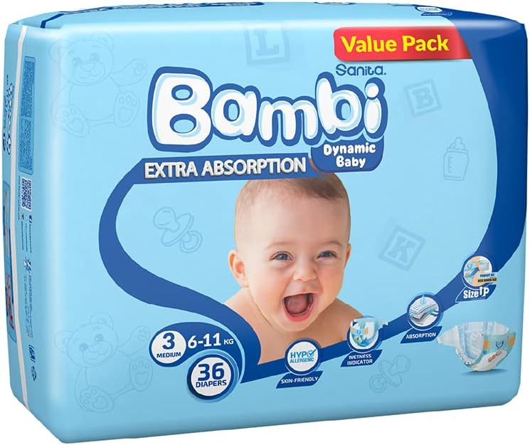 Sanita Bambi, Size 3, Medium, 6-11 Kg, Super Box, 140 Diapers