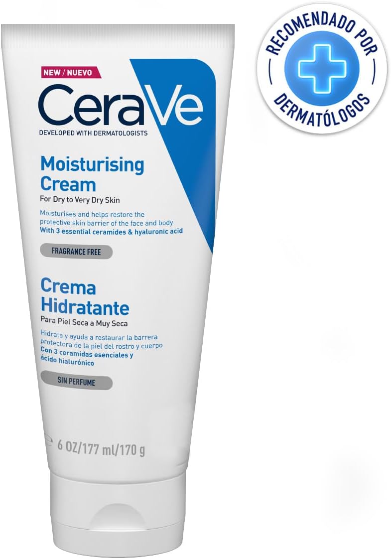 CeraVe Moisturizing Cream 48H Body and Face Moisturizer for Dry to Very Dry Skin with Hyaluronic Acid and Ceramides Fragrance Free 16Oz