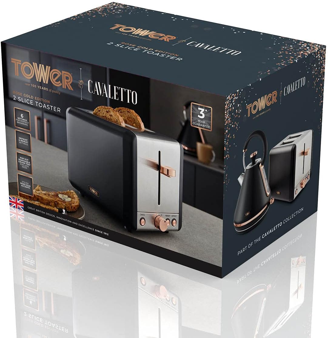 Tower T20036PNK Cavaletto 2-Slice Toaster with Defrost/Reheat, Stainless Steel, 850 W, Marshmallow Pink and Rose Gold