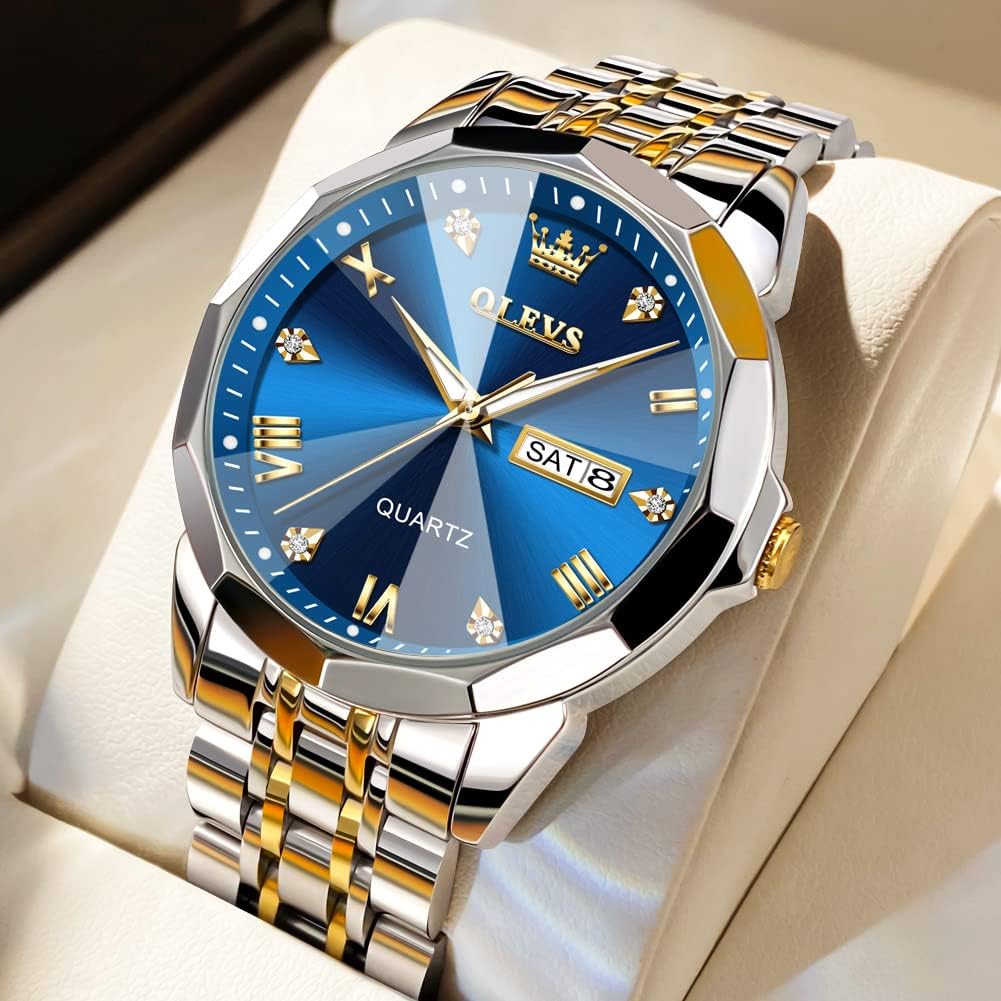 OLEVS Watch for Men Waterproof Blue Dial Mens Dress Watches Luxury Two Tone Stainless Steel Wrist Watch with Day Date, Fashion Classic Classic Sports Quartz Watch Big Face…