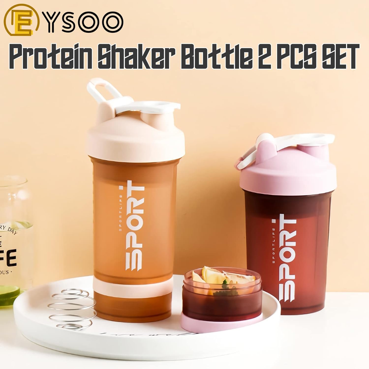 EYSOO Protein Shaker Bottle 2 Pack 500ml / 17oz Shaker Bottle for Protein Mixes Leak-proof BPA Free 3-Layer Protein Shaker with Supplement Pill Storage Container Gym Shaker Cup (Blue & Green)