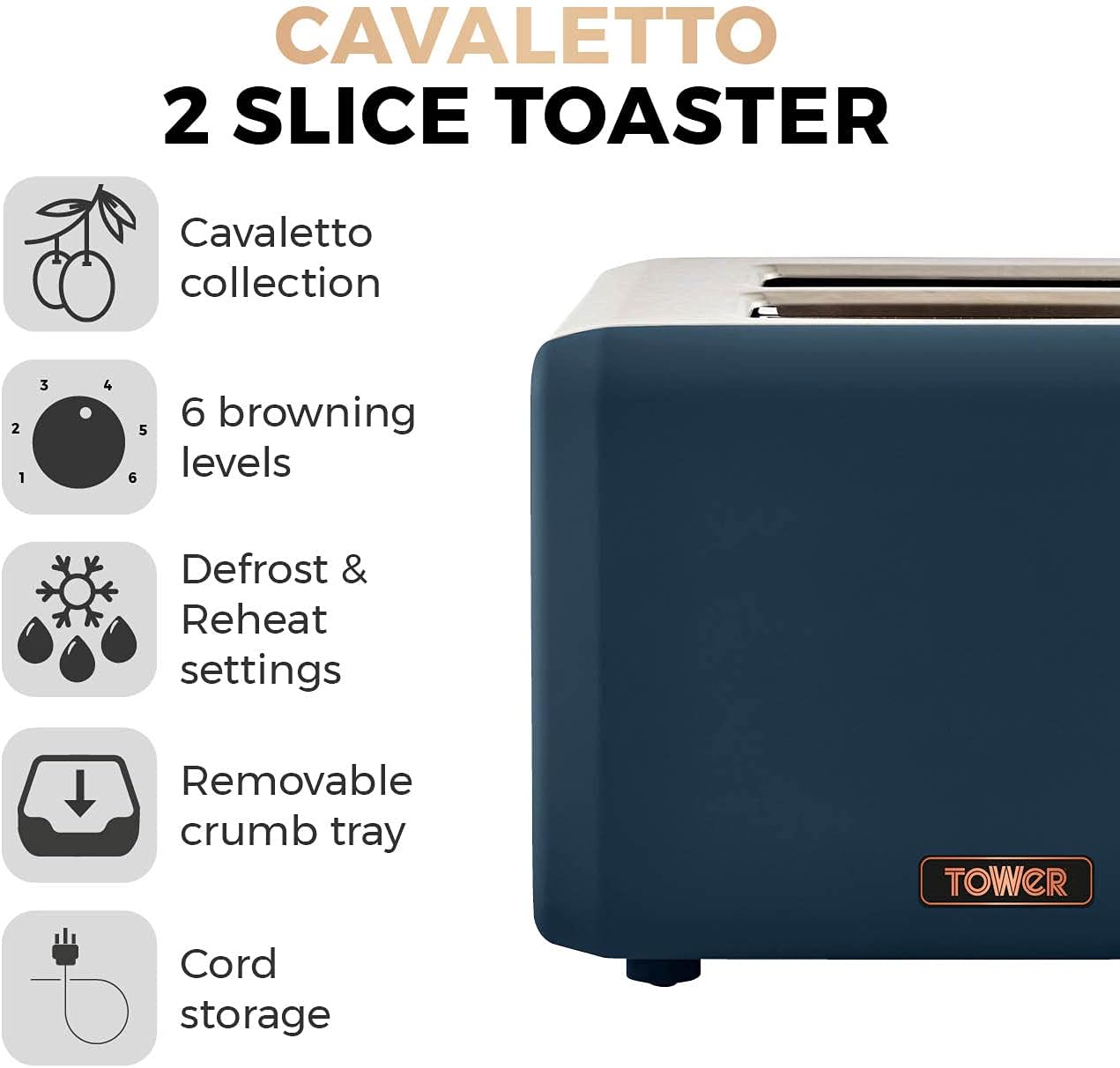 Tower T20036PNK Cavaletto 2-Slice Toaster with Defrost/Reheat, Stainless Steel, 850 W, Marshmallow Pink and Rose Gold