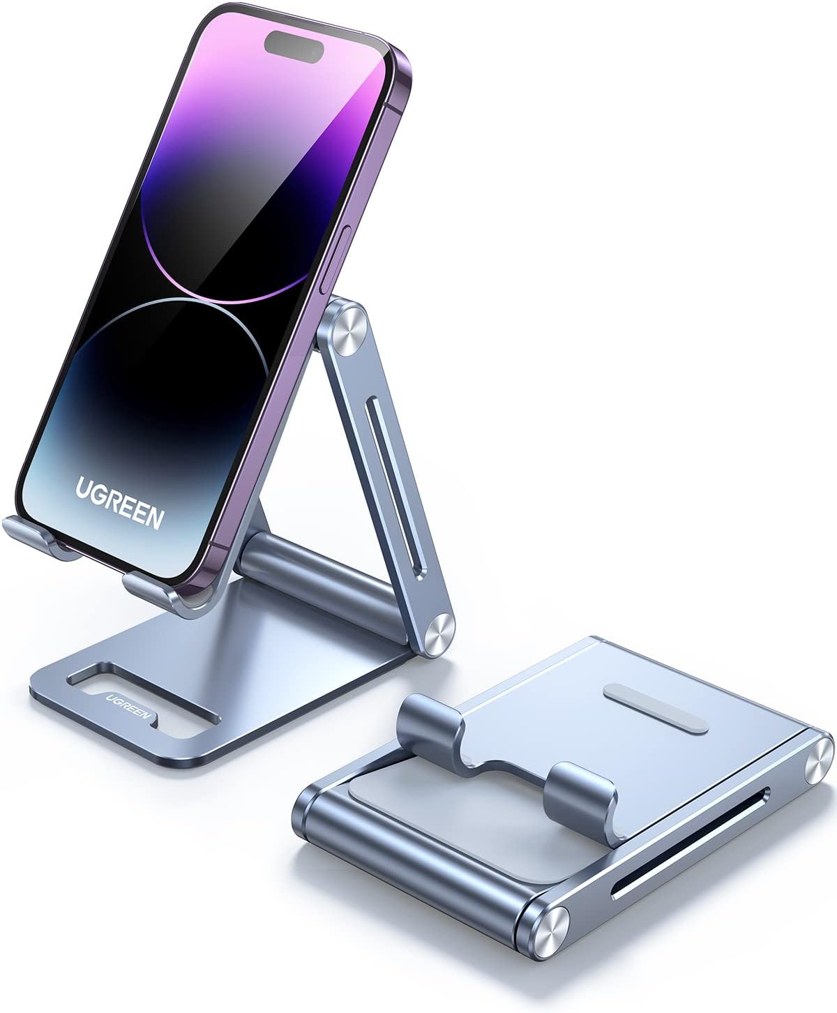 UGREEN Adjustable Phone Stand, Portable Cell Phone Stand for Desk, Aluminum Metal Phone Holder, Compatible with iPhone 15/4/13/12/11 X Xr Pro Max, Google Pixel, Samsung Galaxy S, Gray