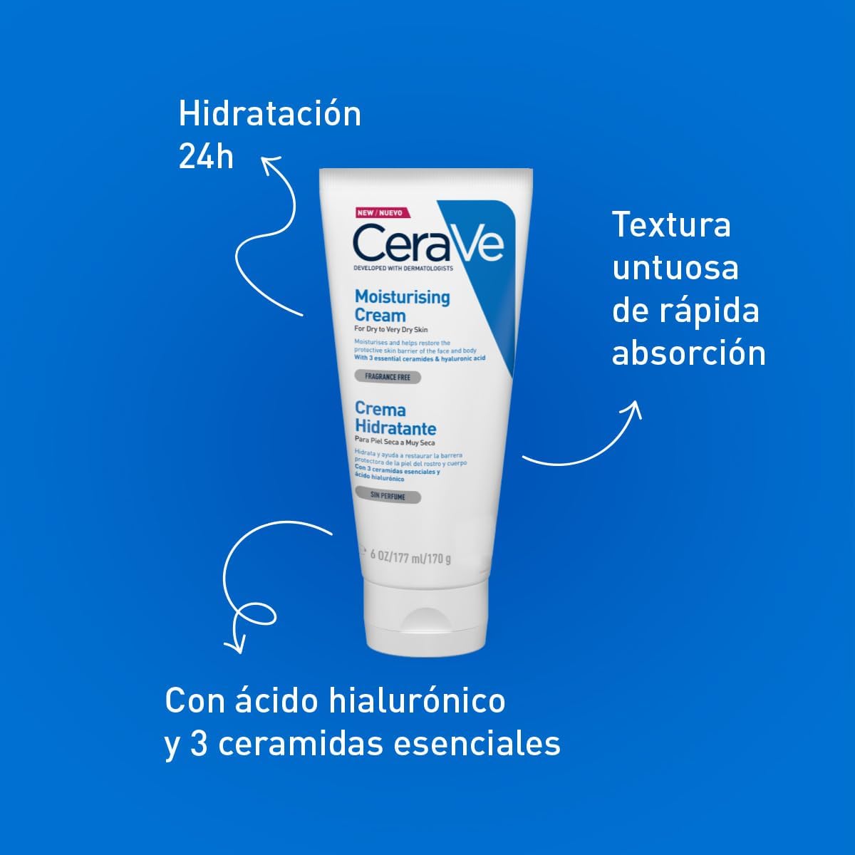 CeraVe Moisturizing Cream 48H Body and Face Moisturizer for Dry to Very Dry Skin with Hyaluronic Acid and Ceramides Fragrance Free 16Oz