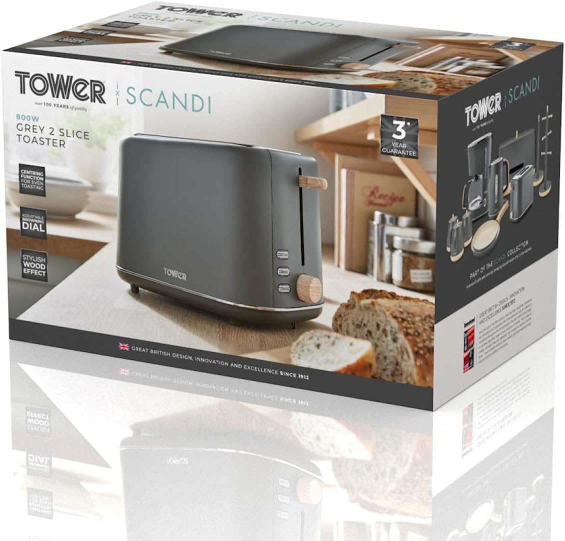 TOWER T20027BLK Scandi 2 Slice Toaster with Adjustable Browning Control, Centring Function, 800W, Black
