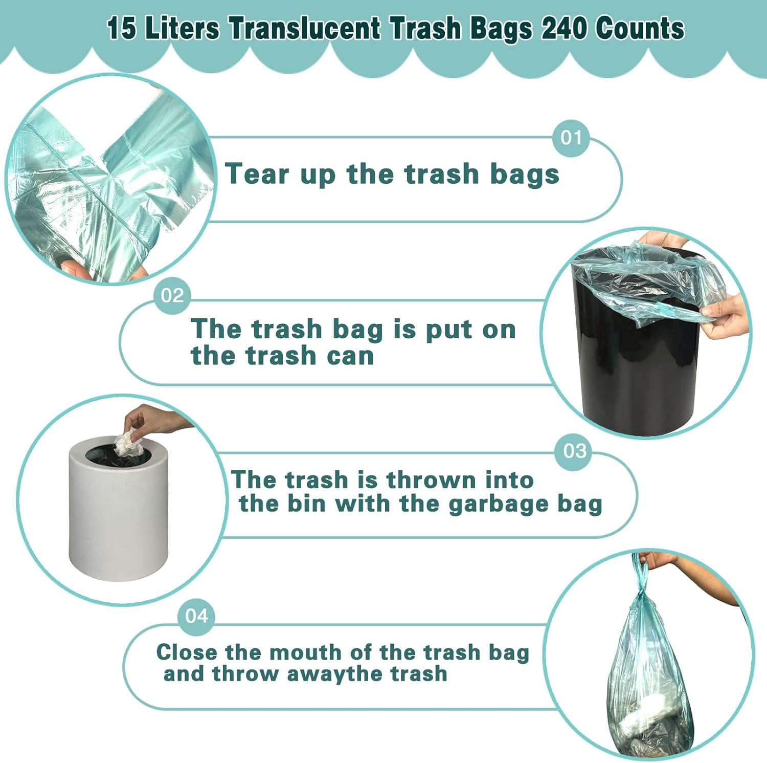 Small Trash Bags 0.6Mil Thicken 4 Gallon 15L Garbage Bags 240 Counts Trash Can Liner for Home Office Kitchen Bathroom Car Plastic Bins Recycling Bags