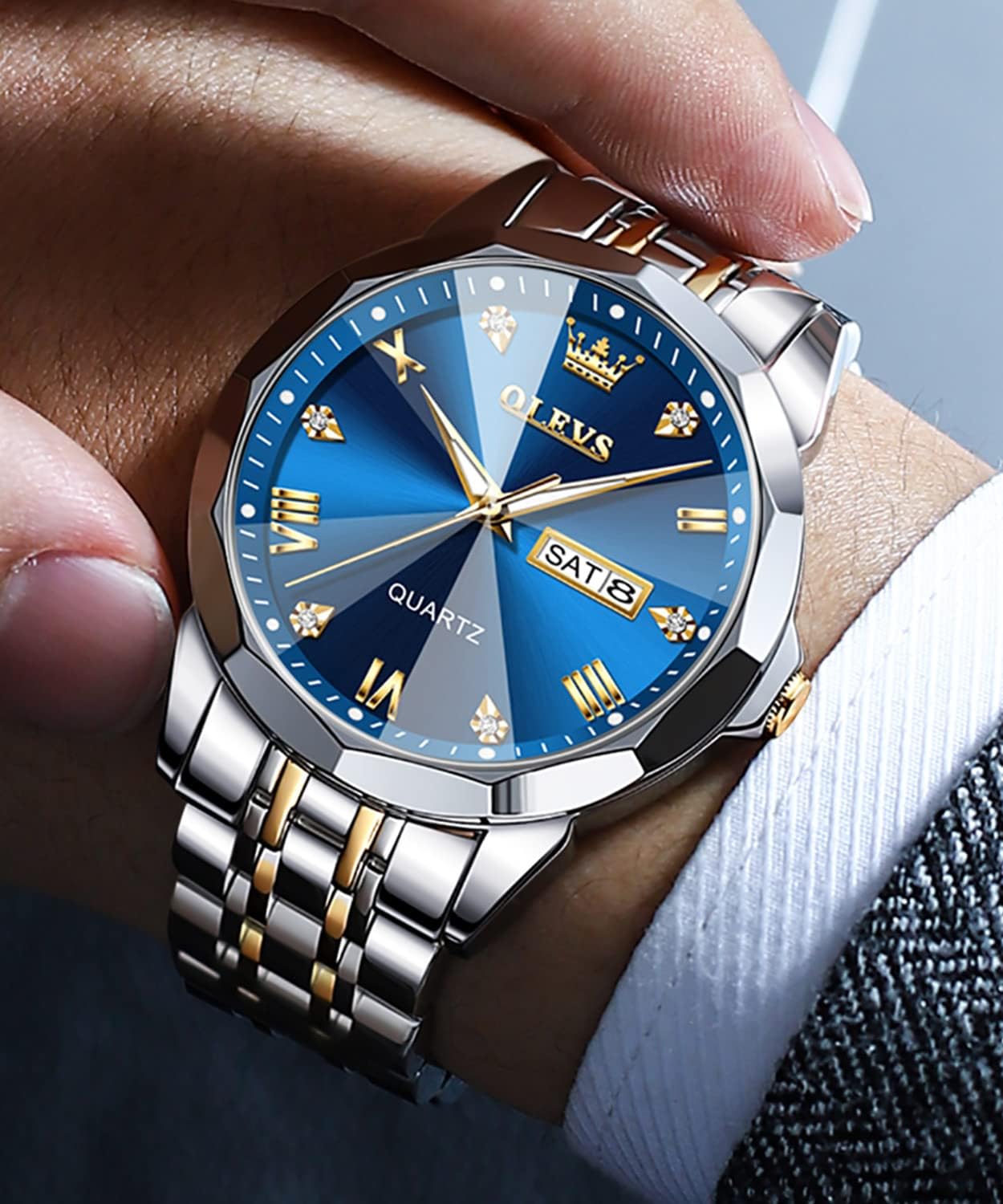 OLEVS Watch for Men Waterproof Blue Dial Mens Dress Watches Luxury Two Tone Stainless Steel Wrist Watch with Day Date, Fashion Classic Classic Sports Quartz Watch Big Face…