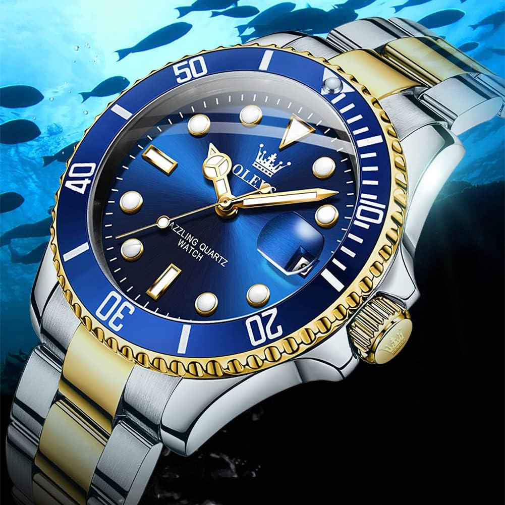 OLEVS Watch for Men Waterproof Blue Dial Mens Dress Watches Luxury Two Tone Stainless Steel Wrist Watch with Day Date, Fashion Classic Classic Sports Quartz Watch Big Face…