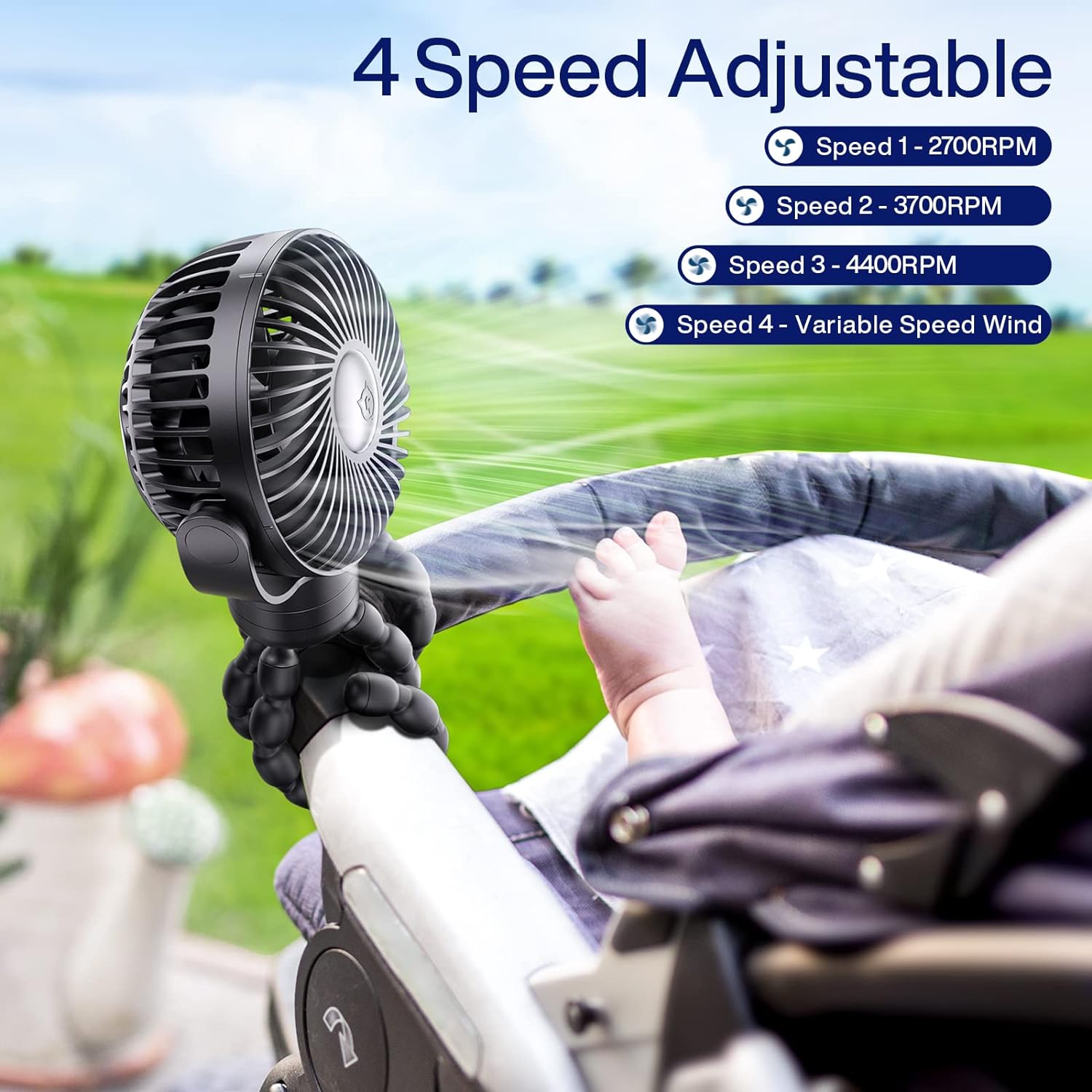 SmartDevil Portable Stroller Fan, 4000mAh Small Battery Operated Baby Fan, 4 Speeds Car Seat Fan with Flexible Tripod, Dual 360° Rotatable, for Peloton Bike, Crib, Treadmill, Travel (Black)
