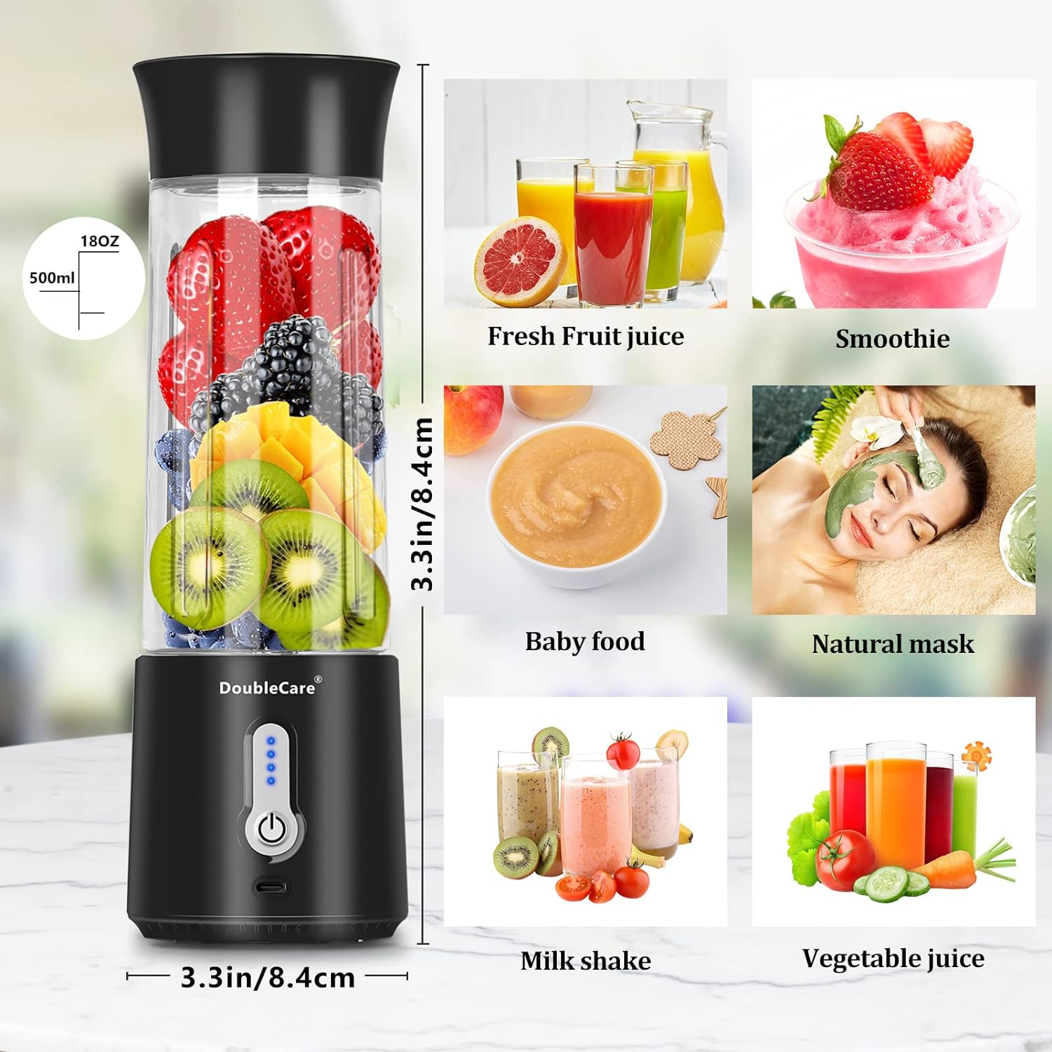 Portable Blender Cup,Electric USB Juicer Blender,Mini Blender Portable Blender For Shakes and Smoothies, Juice,380ml, Six Blades Great for Mixing,Light purple