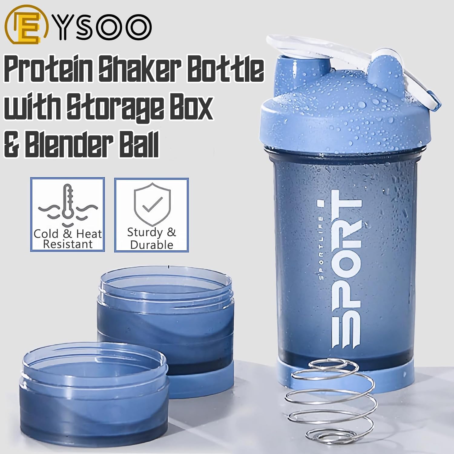 EYSOO Protein Shaker Bottle 2 Pack 500ml / 17oz Shaker Bottle for Protein Mixes Leak-proof BPA Free 3-Layer Protein Shaker with Supplement Pill Storage Container Gym Shaker Cup (Blue & Green)