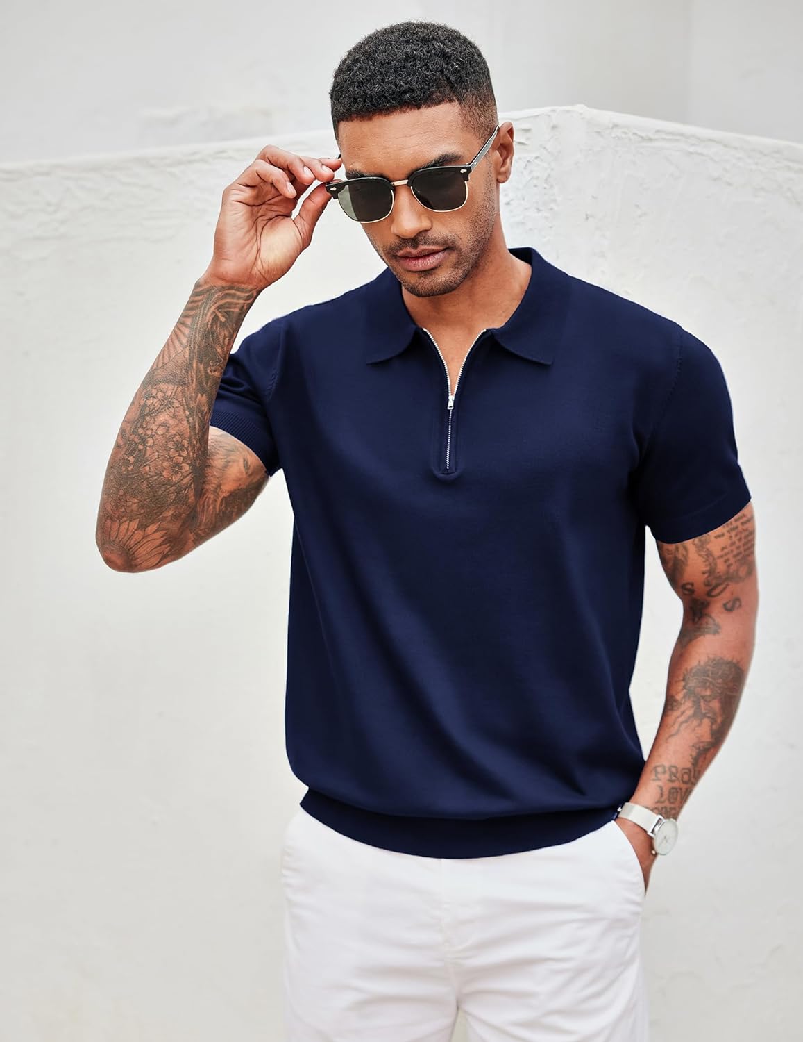 COOFANDY Men's Zipper Polo Shirt Casual Knit Short Sleeve Polo T Shirt Classic Fit Shirts