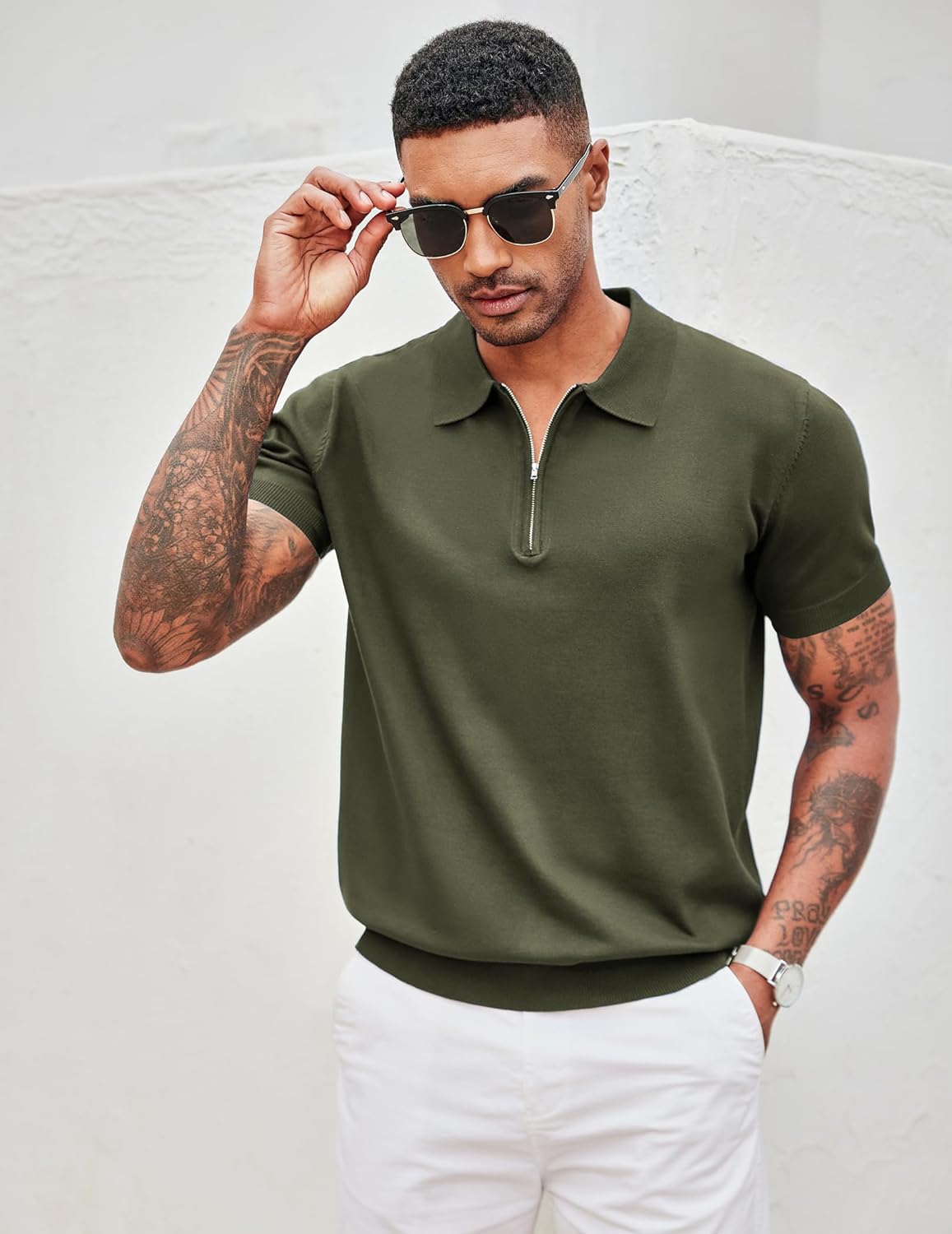 COOFANDY Men's Zipper Polo Shirt Casual Knit Short Sleeve Polo T Shirt Classic Fit Shirts