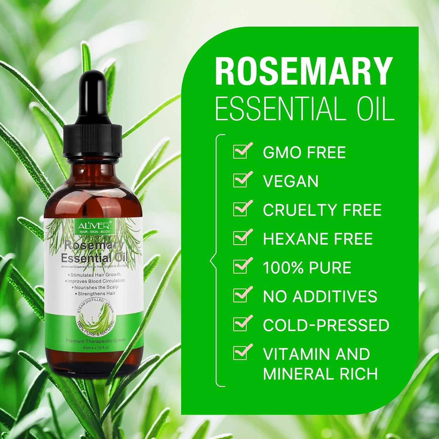 ALIVER (2 Pack) Rosemary Essential Oil, Rosemary Oil for Hair Growth, Therapeutic Grade Organic Rosemary Oil for Scalp Massager Hair Growth
