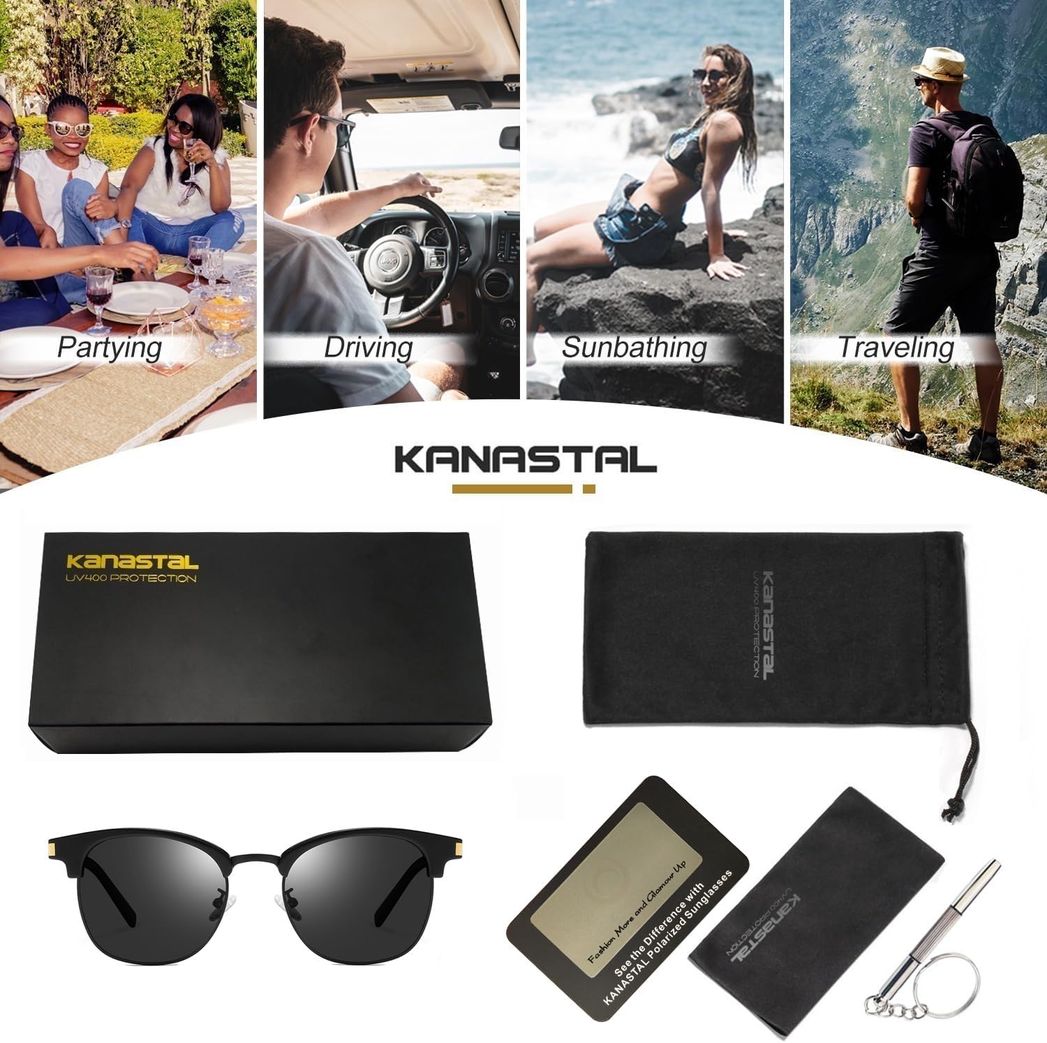 KANASTAL Polarized Sunglasses for Men Women, Lightweight TR90 Frame Square Sun Glasses UV400 Protection Shades Outdoor