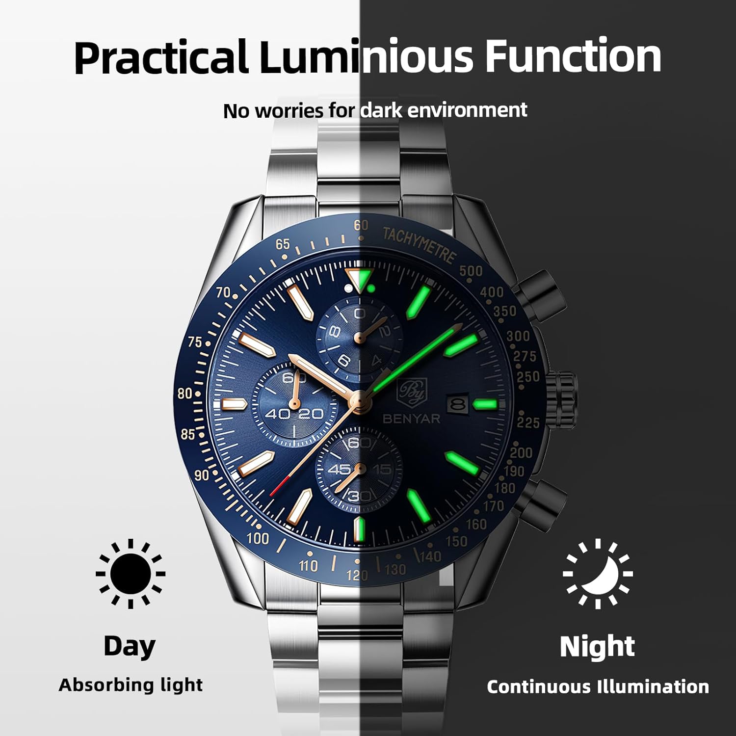 BENYAR Men's Business Watches Designer Fashion Stylish Good-Looking Luxury Men's Quartz Sports Watches Waterproof Tactical Military Casual Watches for Men Date Chronograph