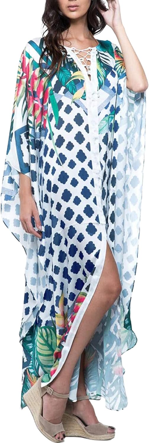 YouKD Summer Long Kaftan Bohemian Beach Kimono Swimsuit Cover Up Plus Size Dress for Women