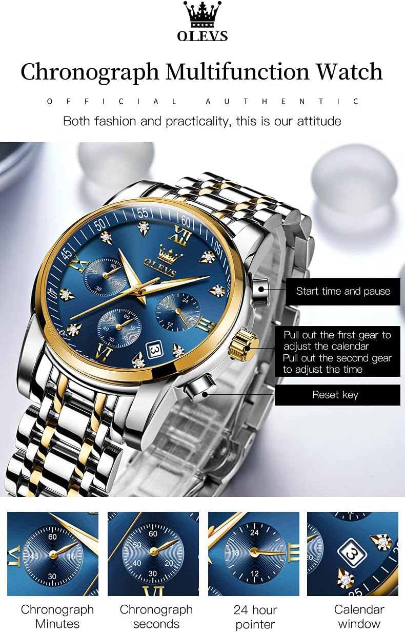 OLEVS Watch for Men Waterproof Blue Dial Mens Dress Watches Luxury Two Tone Stainless Steel Wrist Watch with Day Date, Fashion Classic Classic Sports Quartz Watch Big Face…