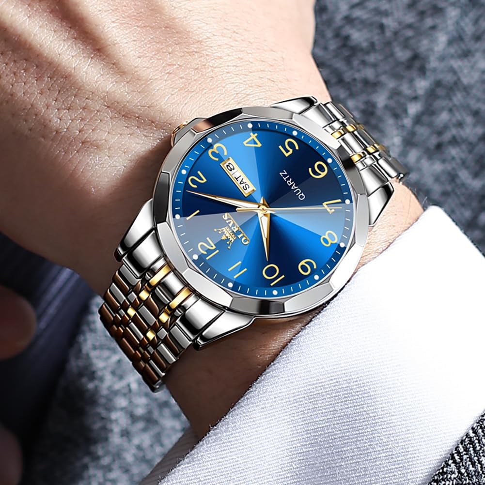 OLEVS Watch for Men Waterproof Blue Dial Mens Dress Watches Luxury Two Tone Stainless Steel Wrist Watch with Day Date, Fashion Classic Classic Sports Quartz Watch Big Face…