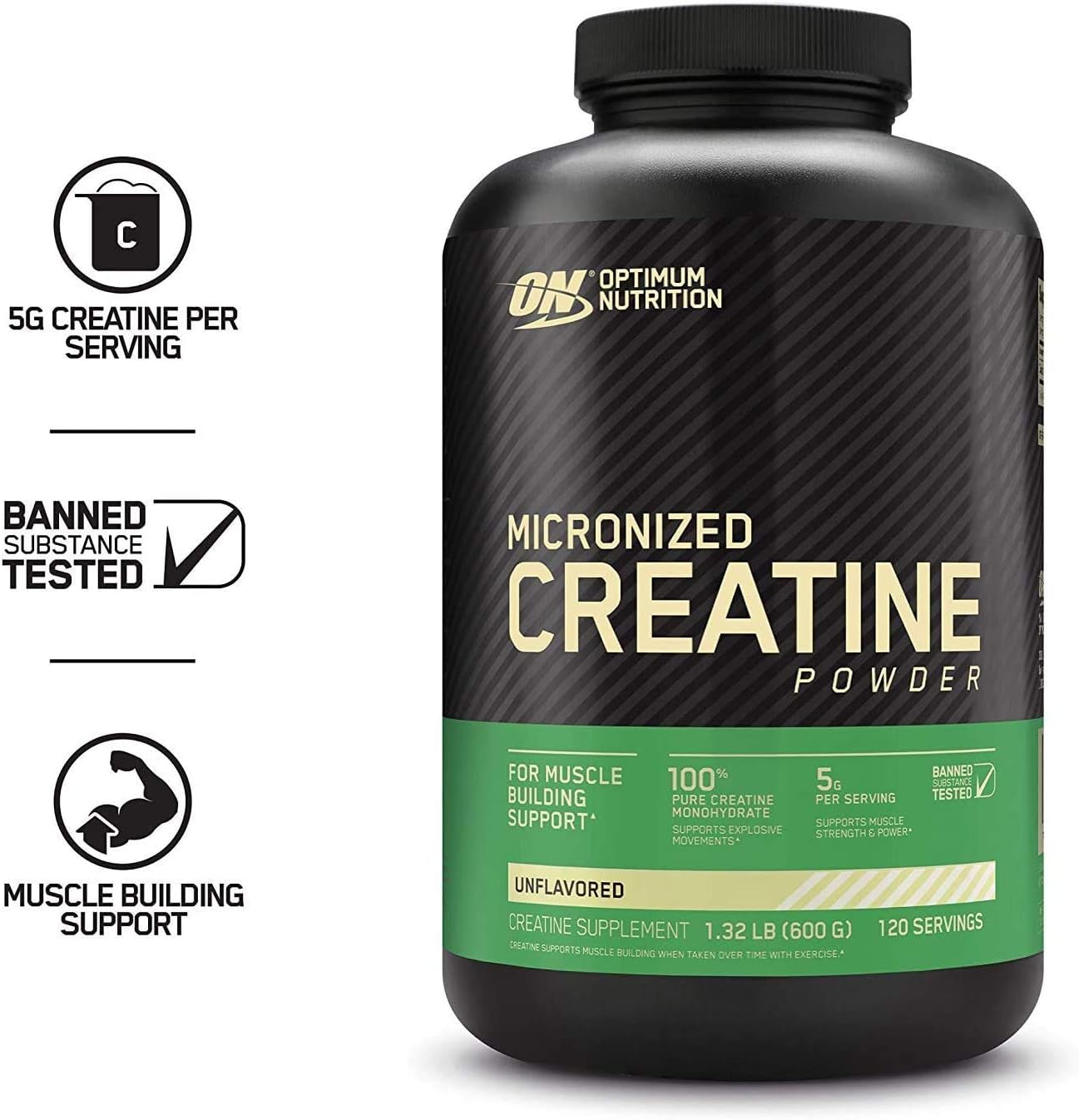 Optimum Nutrition (ON) Micronized Creatine Monohydrate Powder for Muscle Building Support - Unflavored, 300 Grams, 115 Servings