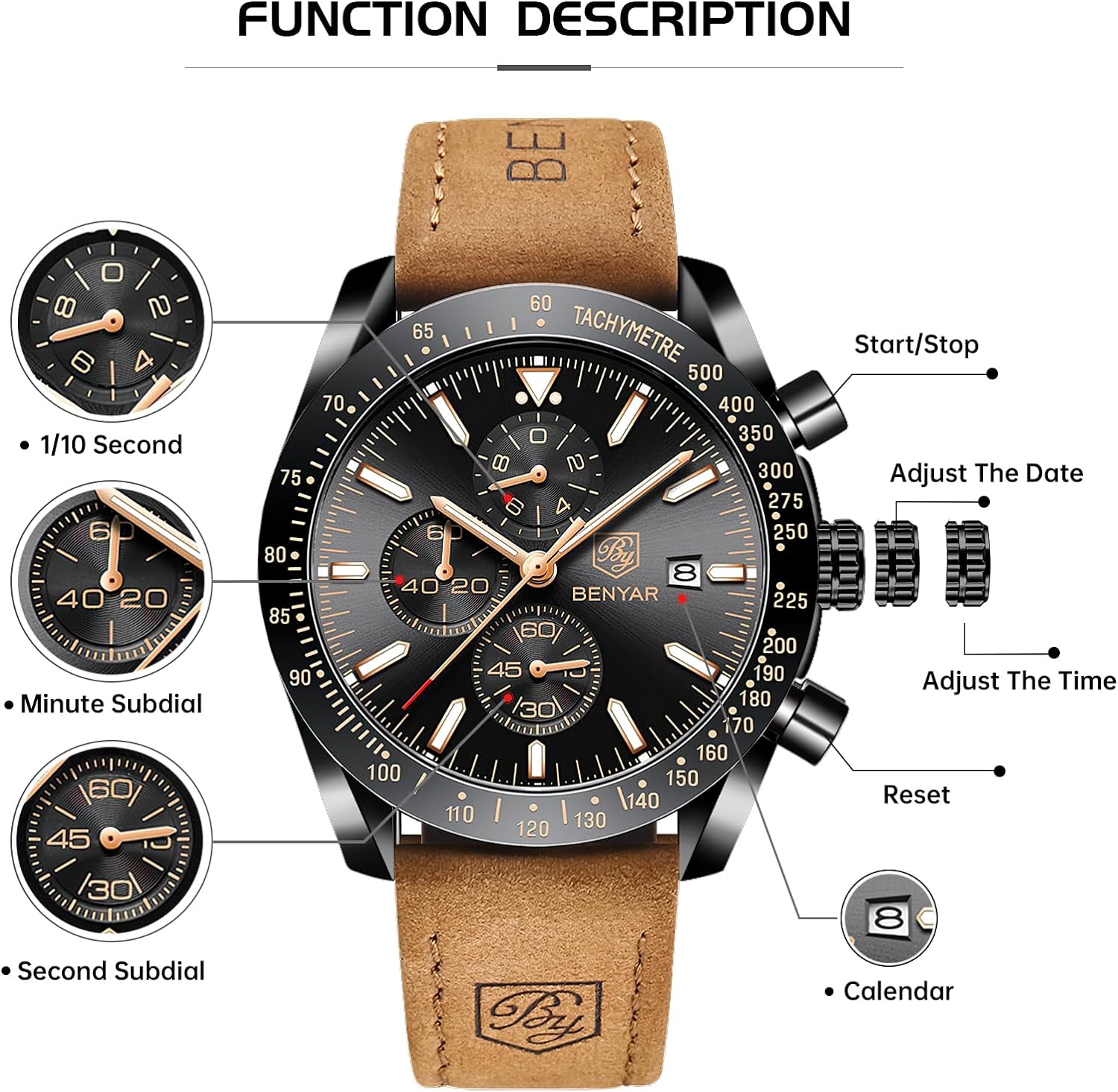 BENYAR Men's Business Watches Designer Fashion Stylish Good-Looking Luxury Men's Quartz Sports Watches Waterproof Tactical Military Casual Watches for Men Date Chronograph