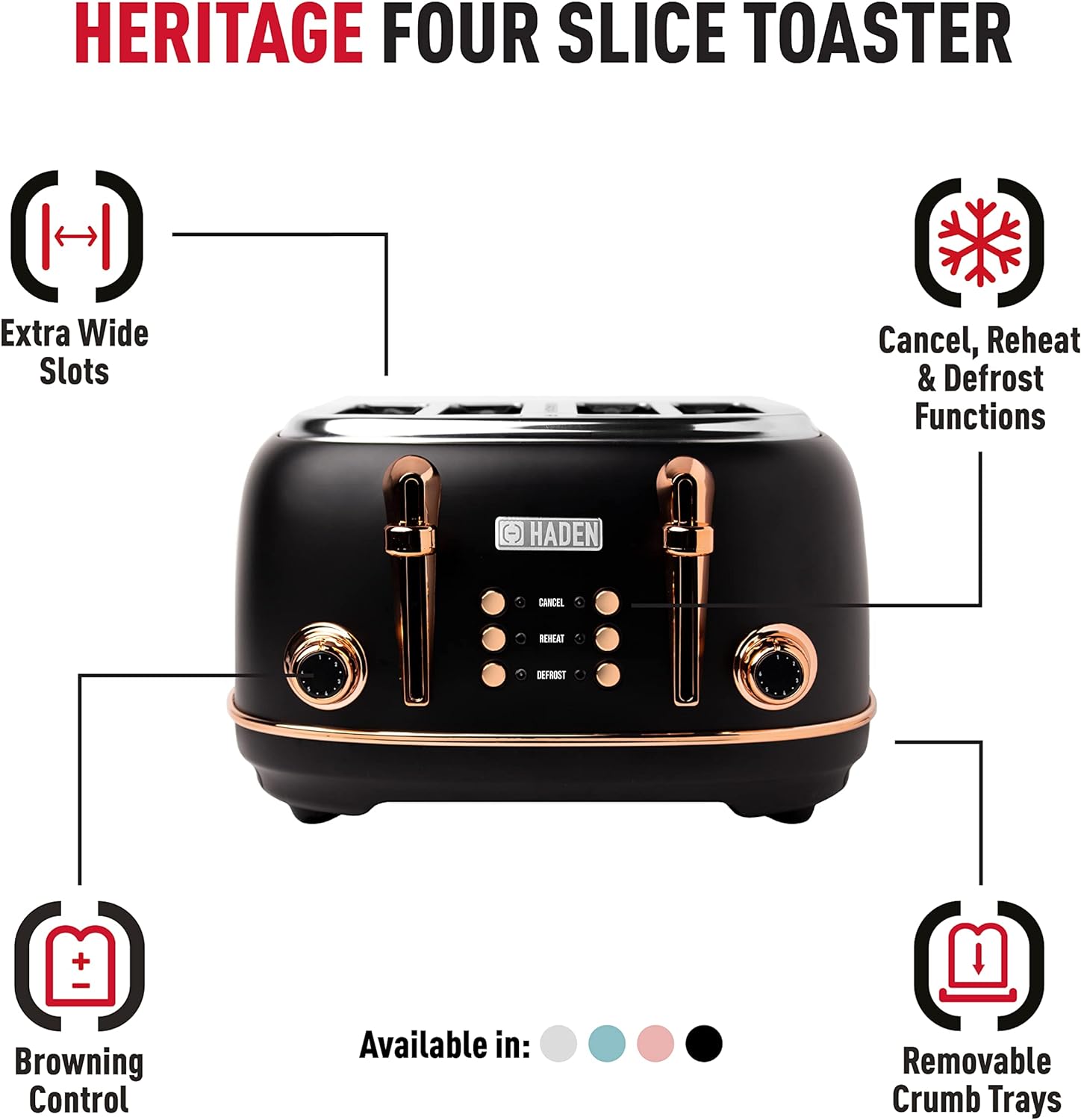 Haden Heritage White 2 Slice Toaster - Electric Stainless Steel Toaster - Economy Mode - Reheat, Cancel and Defrost Functions - Variable Browning Control - 1370-1630W
