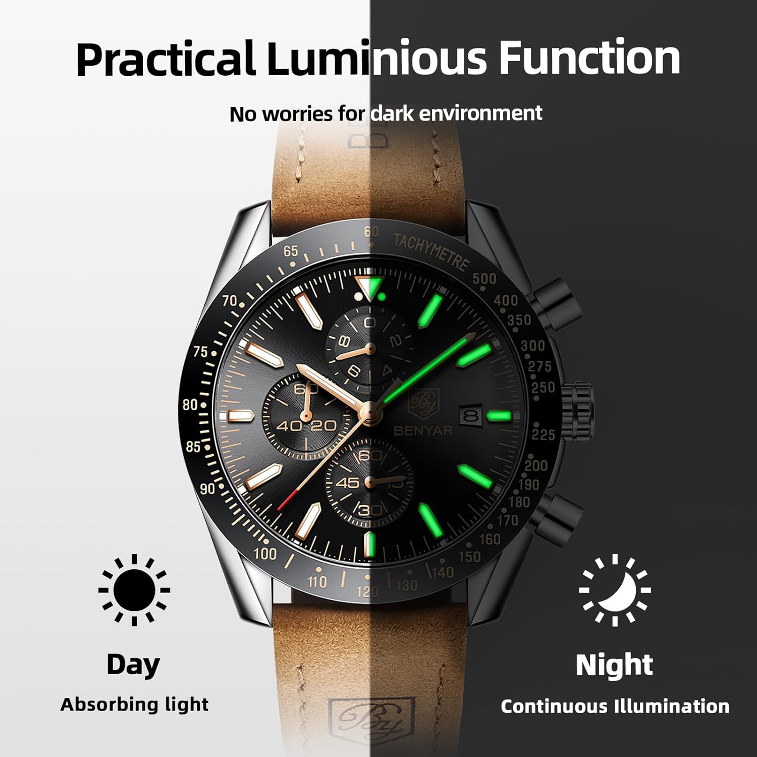 BENYAR Men's Business Watches Designer Fashion Stylish Good-Looking Luxury Men's Quartz Sports Watches Waterproof Tactical Military Casual Watches for Men Date Chronograph